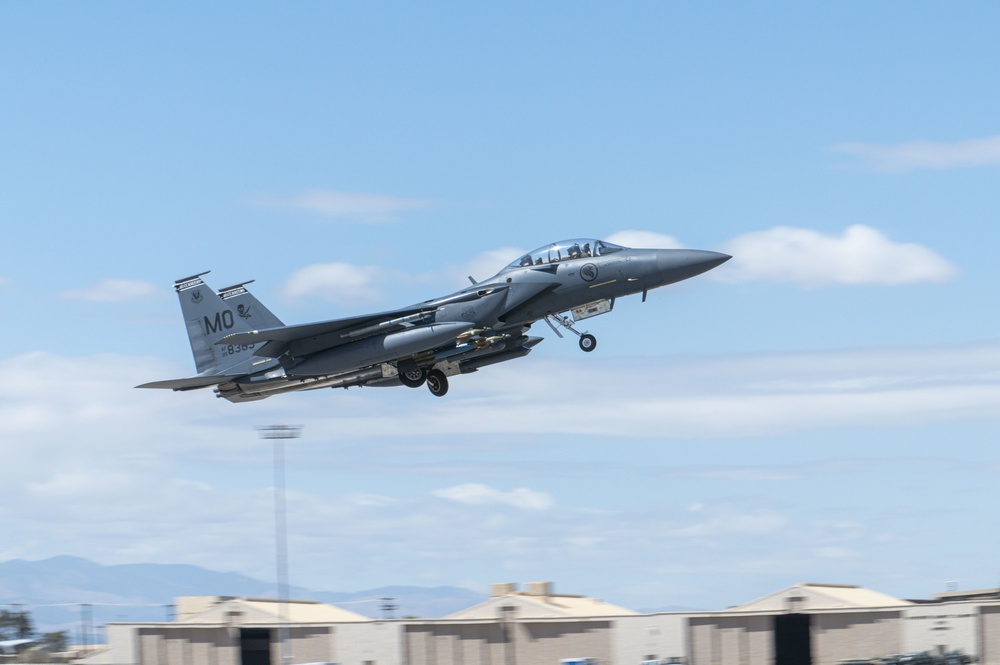 Republic of Singapore Air Force F-15SG Strike Eagle taking off from Nellis AFB during Red Flag exercise, with MO tail code from Mountain Home AFB