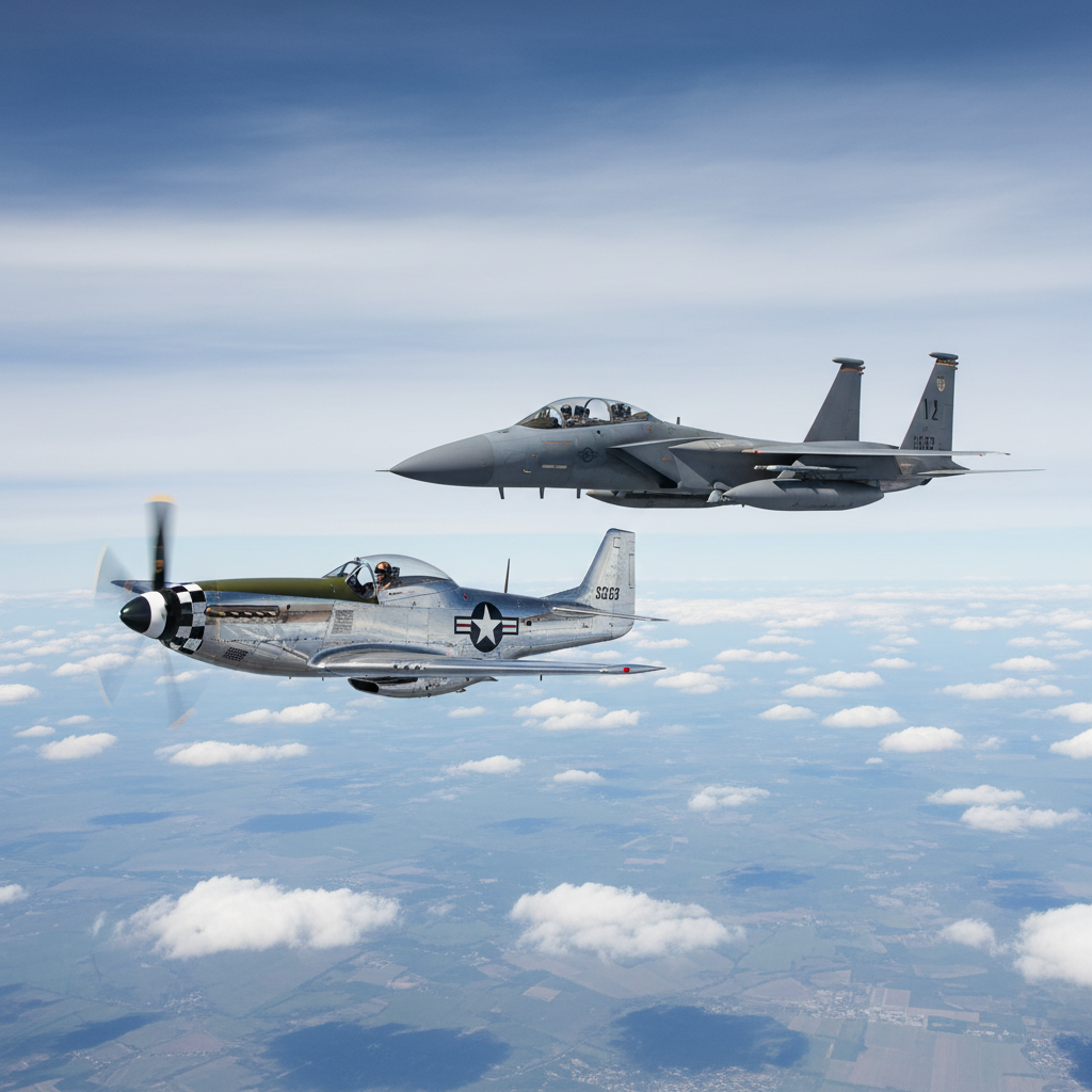 Heritage Flight formation — a vintage P-51 Mustang flying alongside a modern F-15 Eagle against a clear blue sky