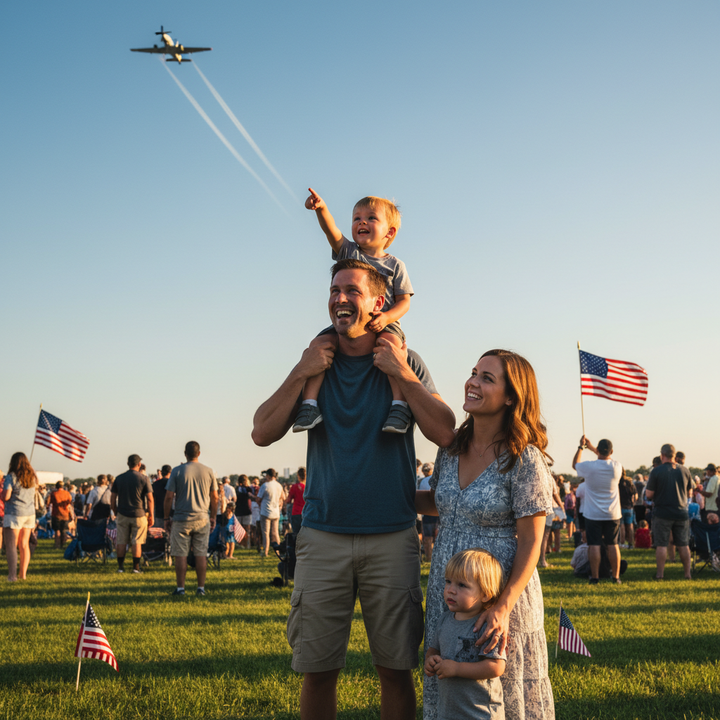 Joyful family at an air show — a child rides on a parent's shoulders as fighter jets fly overhead with red, white, and blue smoke trails and American flags wave in the crowd