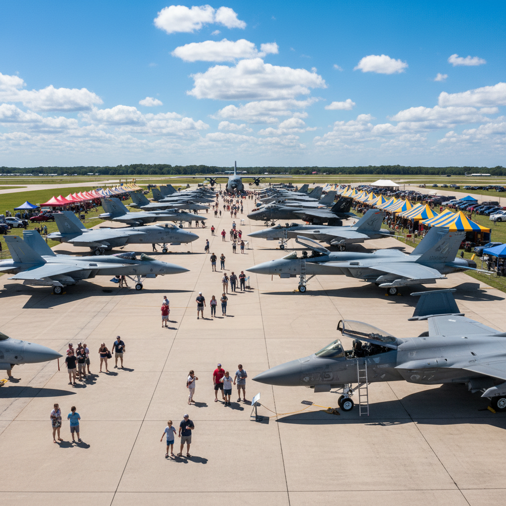 Wide view of the static aircraft display area with families walking among military jets, helicopters, and historical warbirds on a sunny afternoon